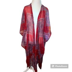 BCBGeneration Red Blue Geometric Print Sheer Kimono Duster Coverup OS EUC